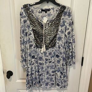 Denim 24/7 Blue and White with sequins Tunic Style Peasant Blouse size 12W new